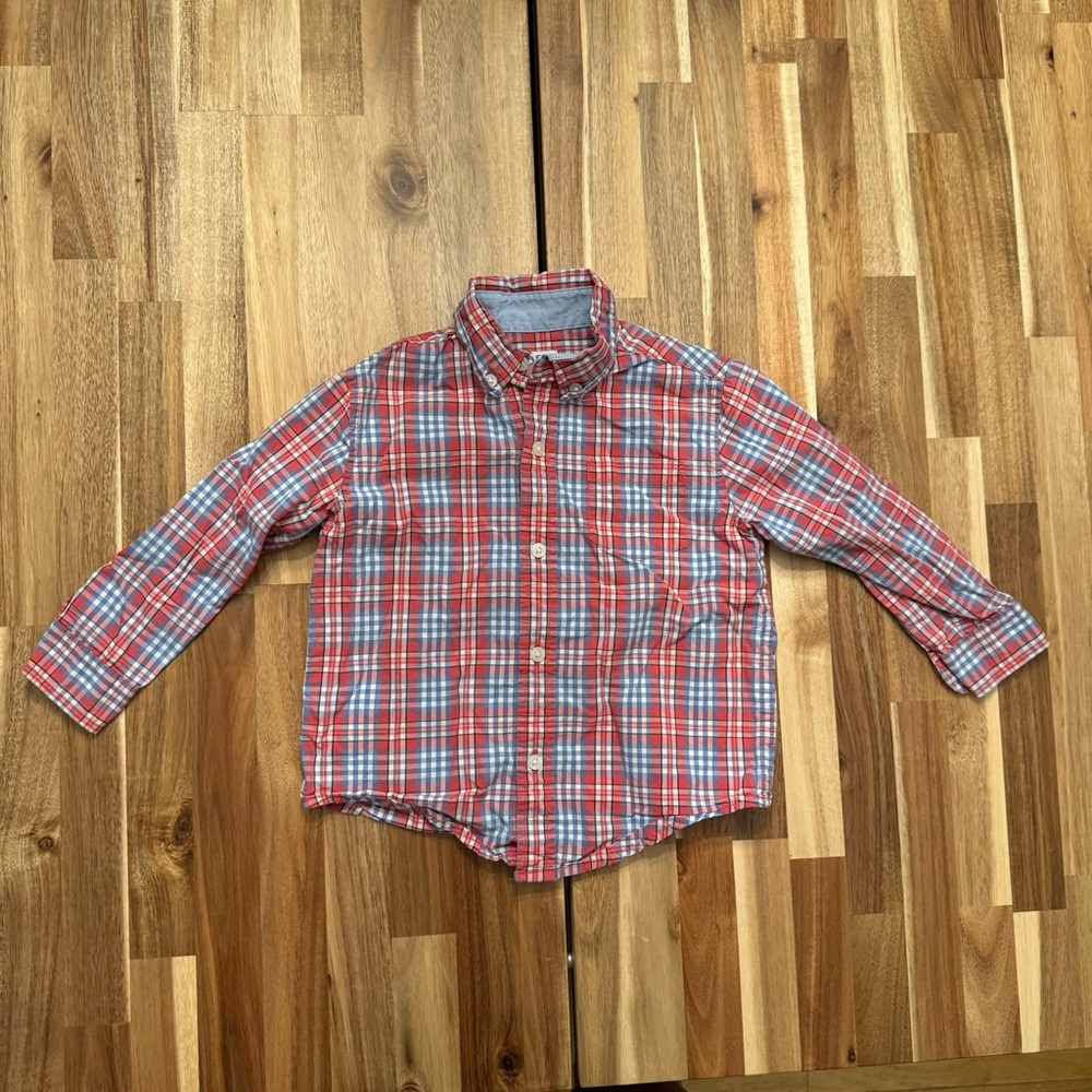 Janie and Jack Boys Red White Blue Plaid Button Down Shirt 2T Cotton Long Sleeve